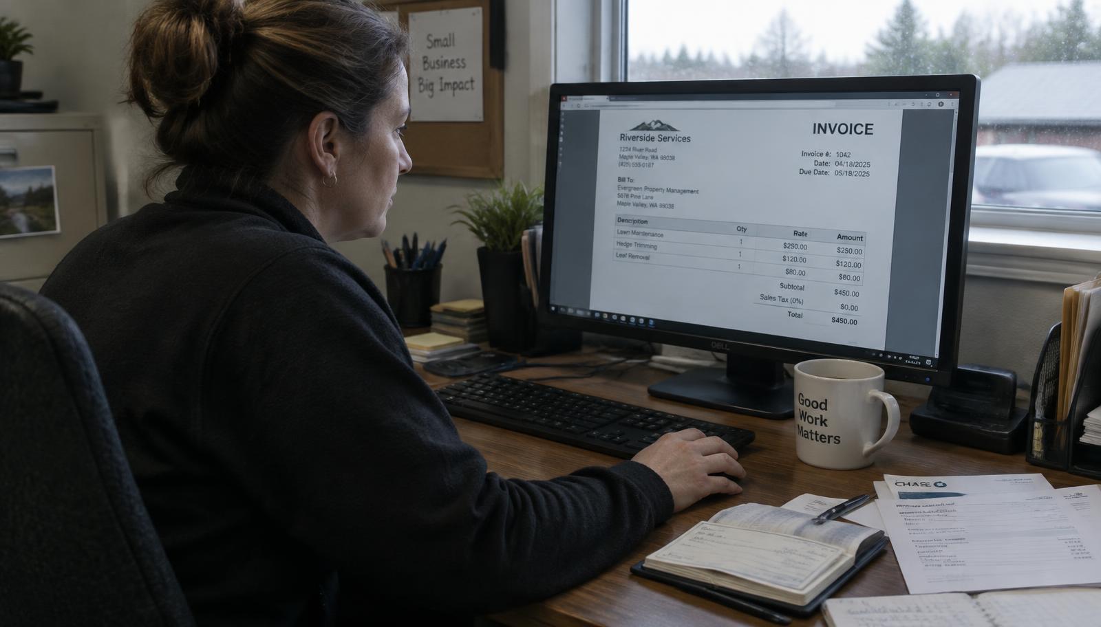 Small business owner reviewing a bank transfer and invoice on a laptop, representing an ACH payment