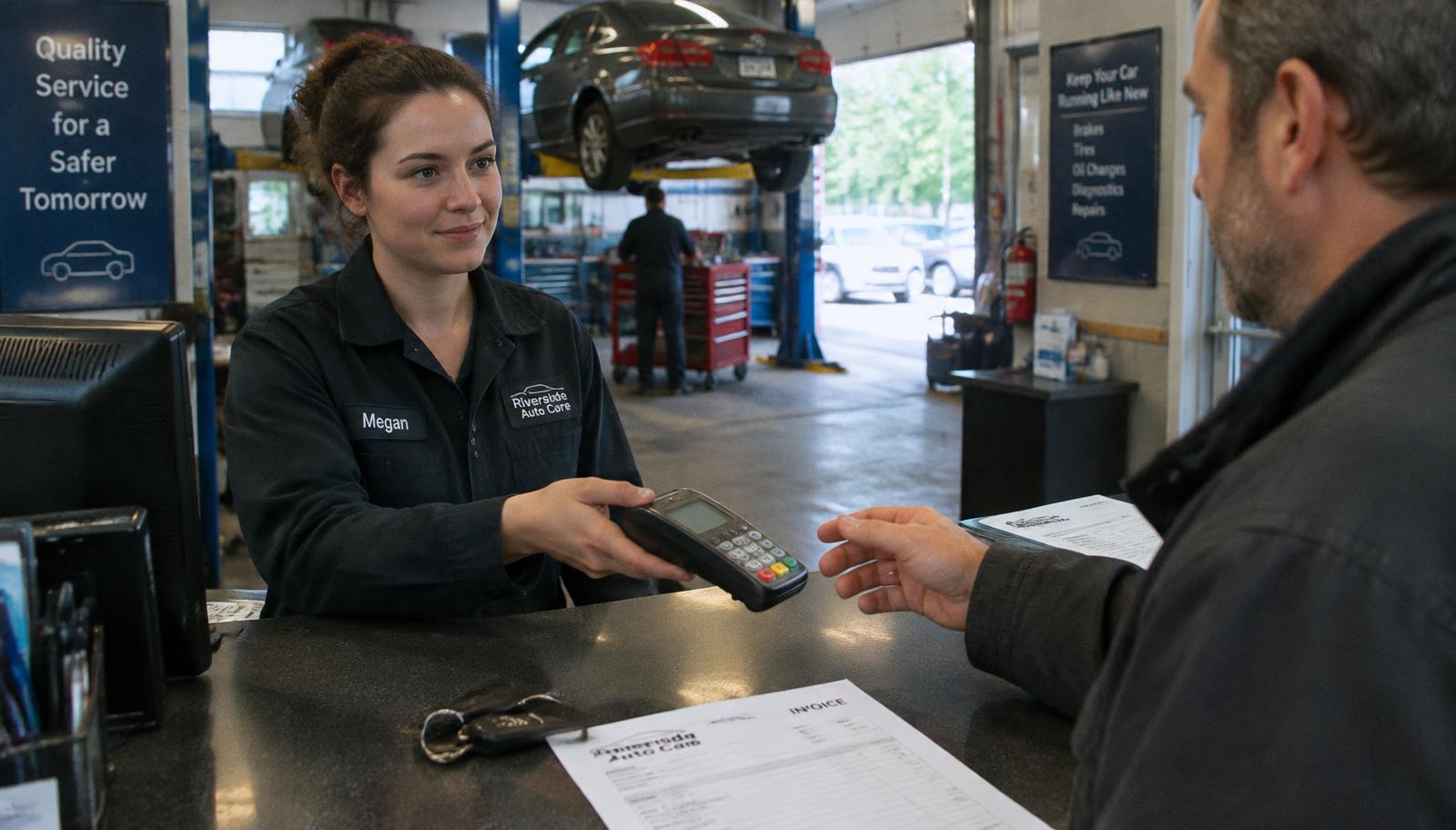 Auto repair shop customer paying a large repair invoice at the front counter with a card reader