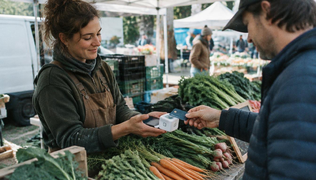 Farmers market vendor holding a smartphone while a customer taps a credit card on a small phone card reader