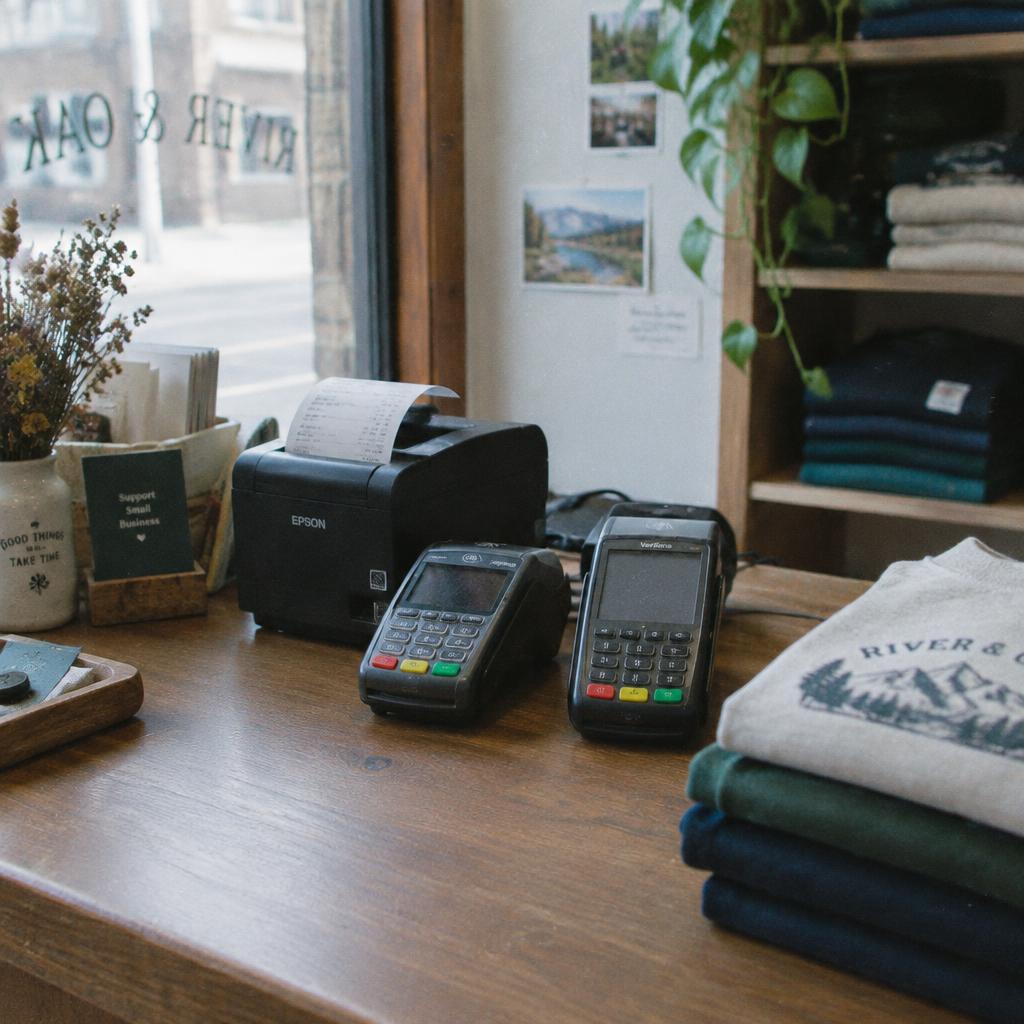 Small business owner comparing credit card processor quotes on a laptop at a store counter