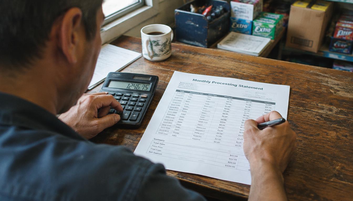 Merchant using a calculator and pen with a printed monthly processing statement on a worn wooden desk