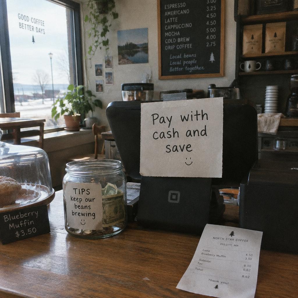 Small business checkout counter with a sign explaining a cash discount for paying with cash