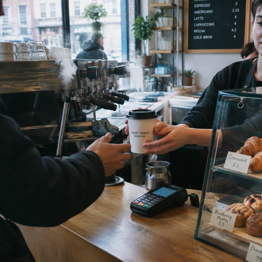 Barista taking a tap-to-pay card payment at a busy coffee shop counter