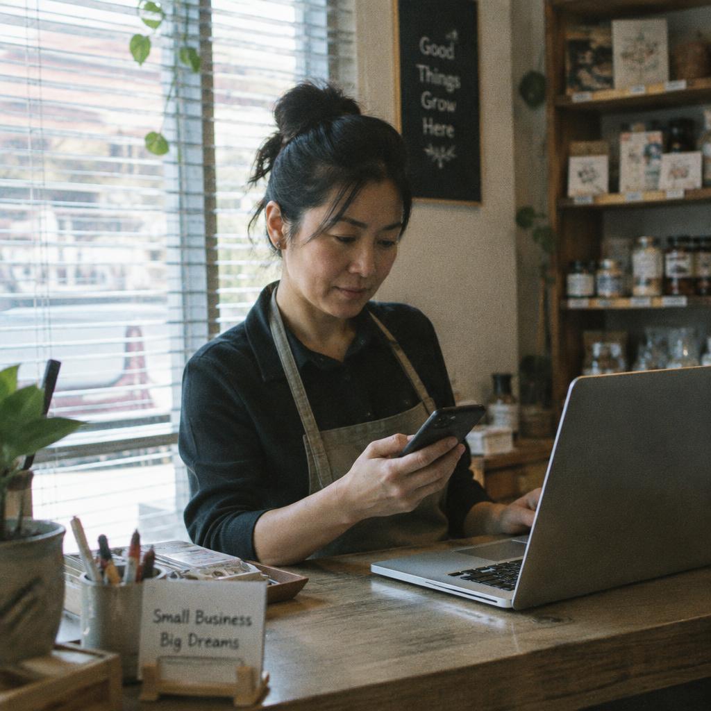 Business owner reviewing bank deposit timing on a laptop next to a card reader