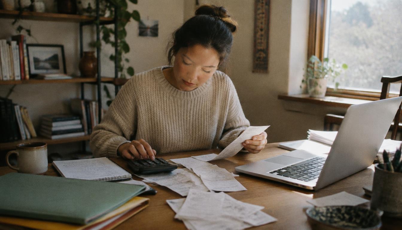 Small business owner doing taxes at a desk with receipts, a calculator, and a laptop