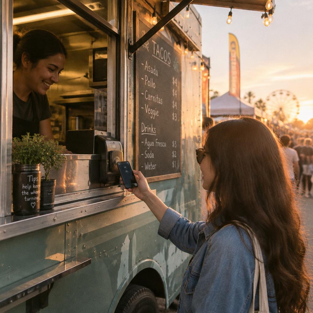 Food truck worker taking a customer's card payment on a mobile card reader at an outdoor window
