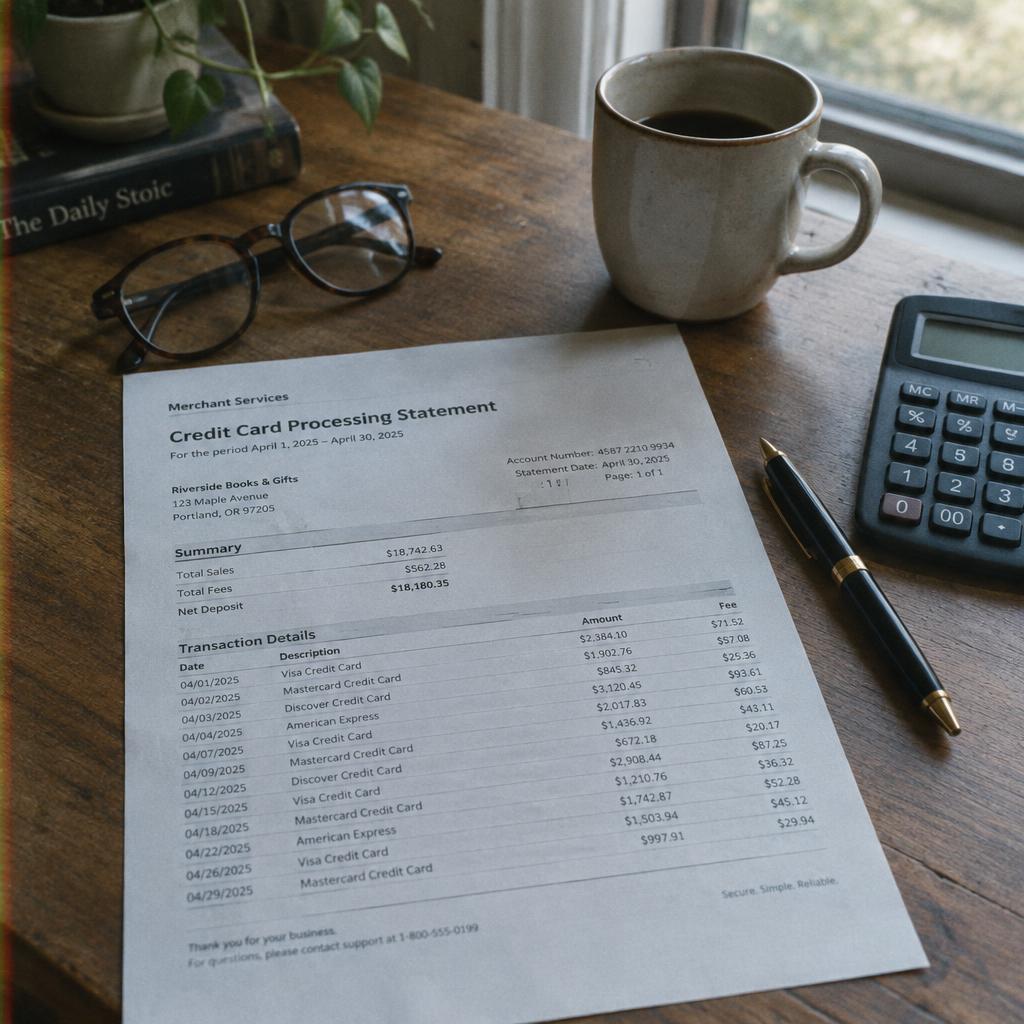 Business owner reviewing a printed credit card processing statement with a highlighter