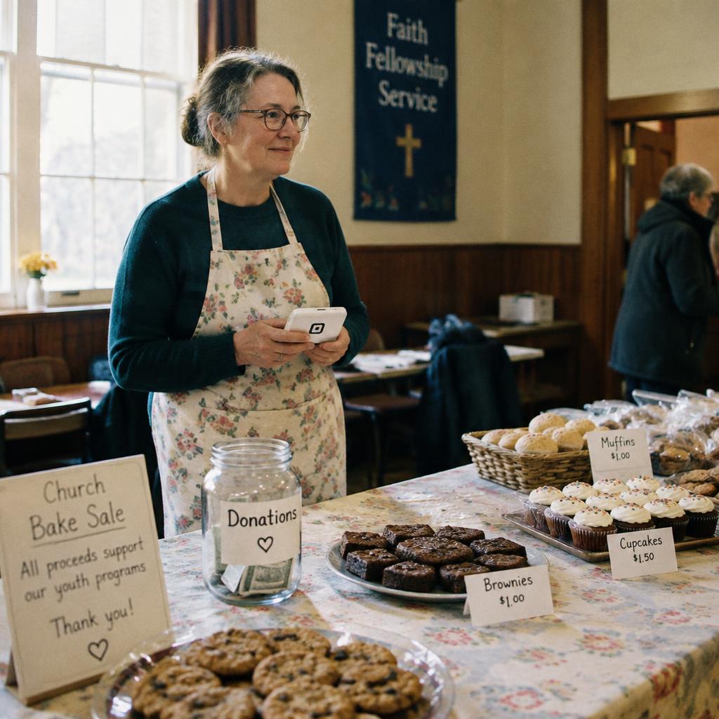 Church volunteer accepting a tap-to-pay donation on a mobile card reader at a welcome table