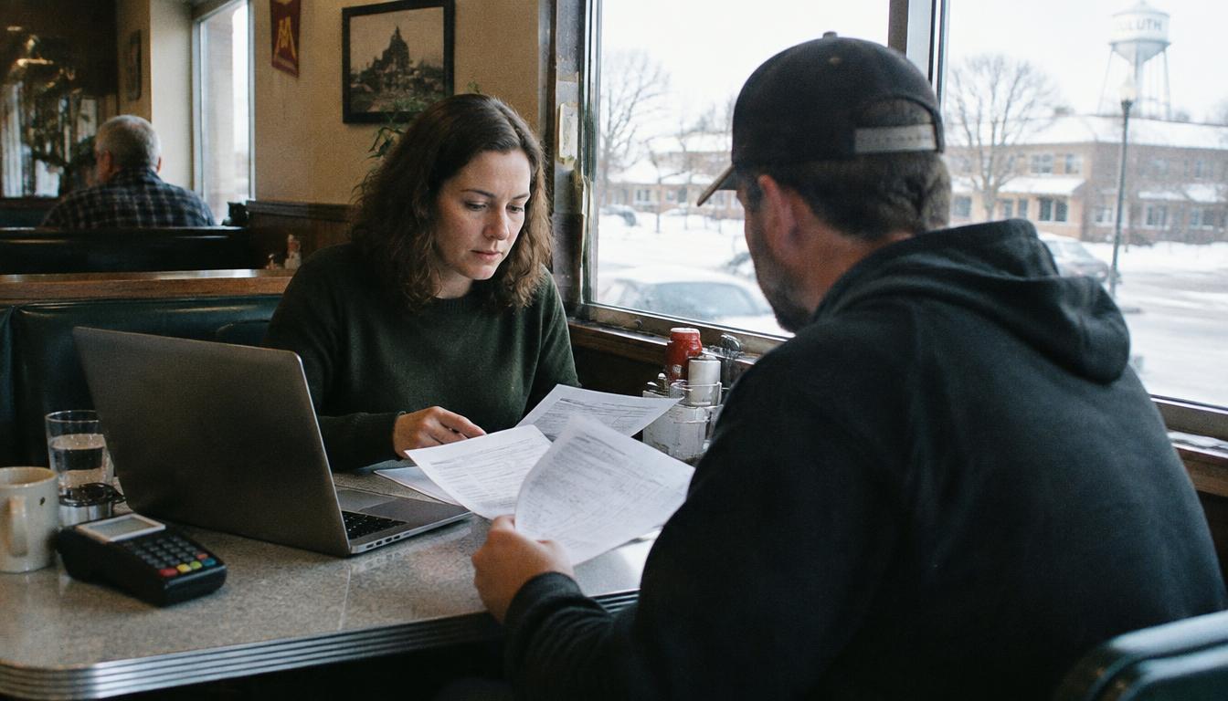 Two small business owners comparing printed processing rate quotes at a diner table with a laptop and card terminal