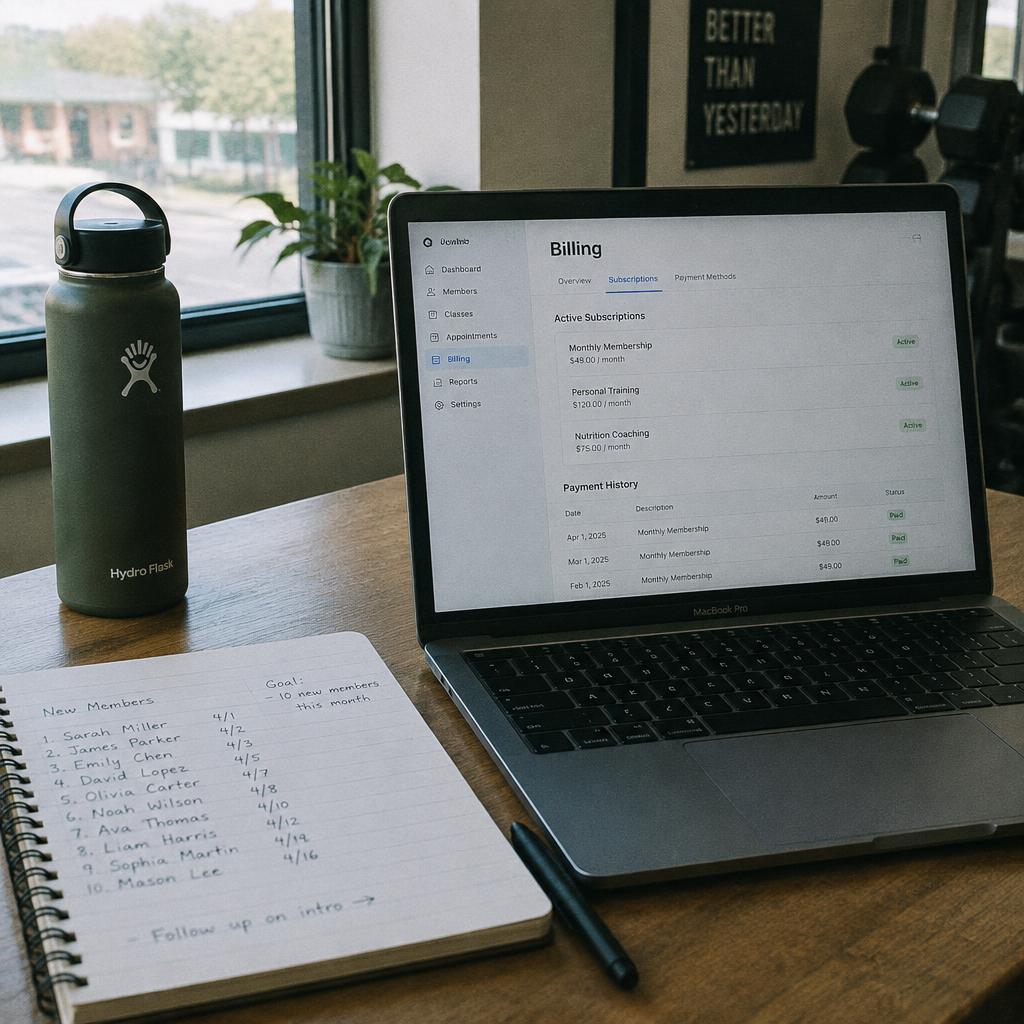 Small business owner setting up a recurring billing schedule on a laptop dashboard