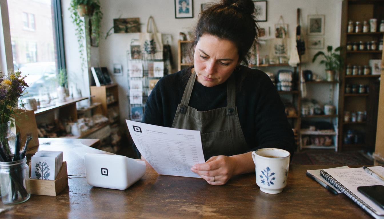 Boutique owner reviewing a card processing statement at a wooden counter next to a white Square card reader