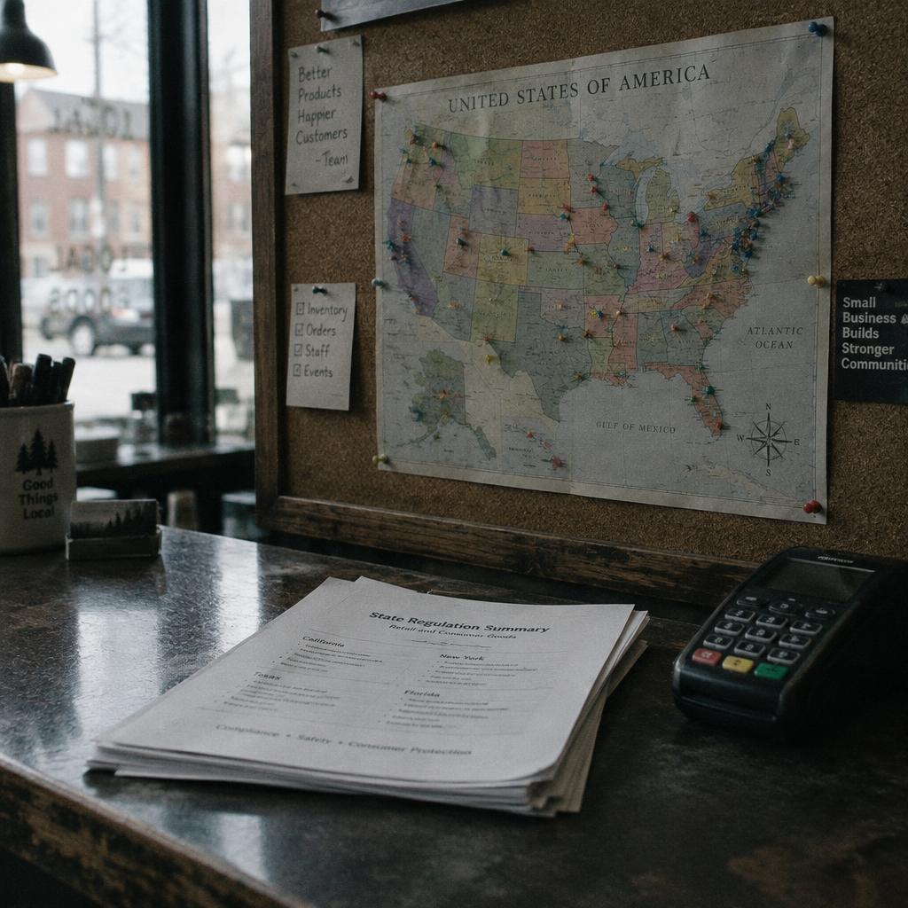 Small business owner reviewing state surcharge signage requirements next to a card payment terminal