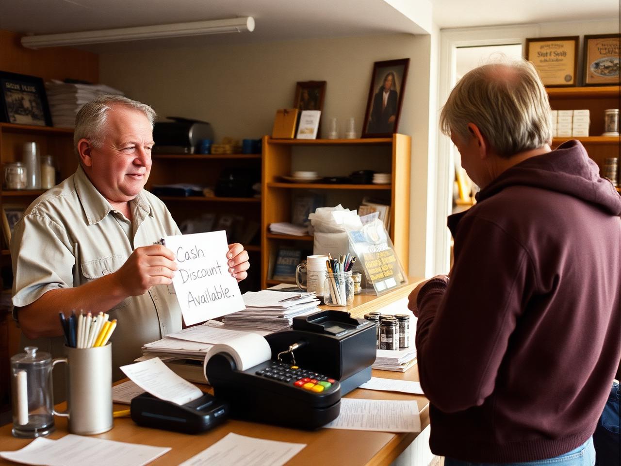 Merchant at a shop counter pointing to a cash discount sign while a customer pays