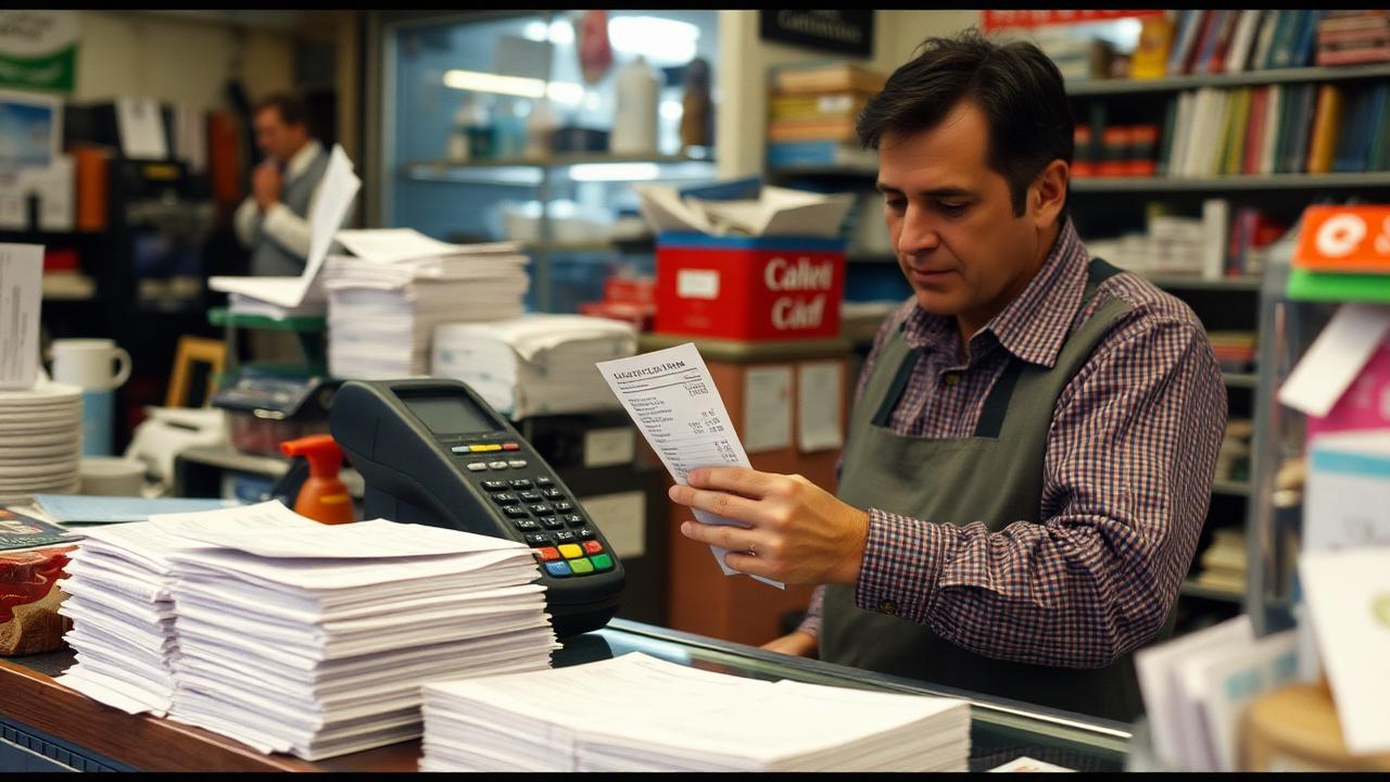 Shop owner reviewing a disputed transaction receipt next to a card terminal and stacks of paper receipts