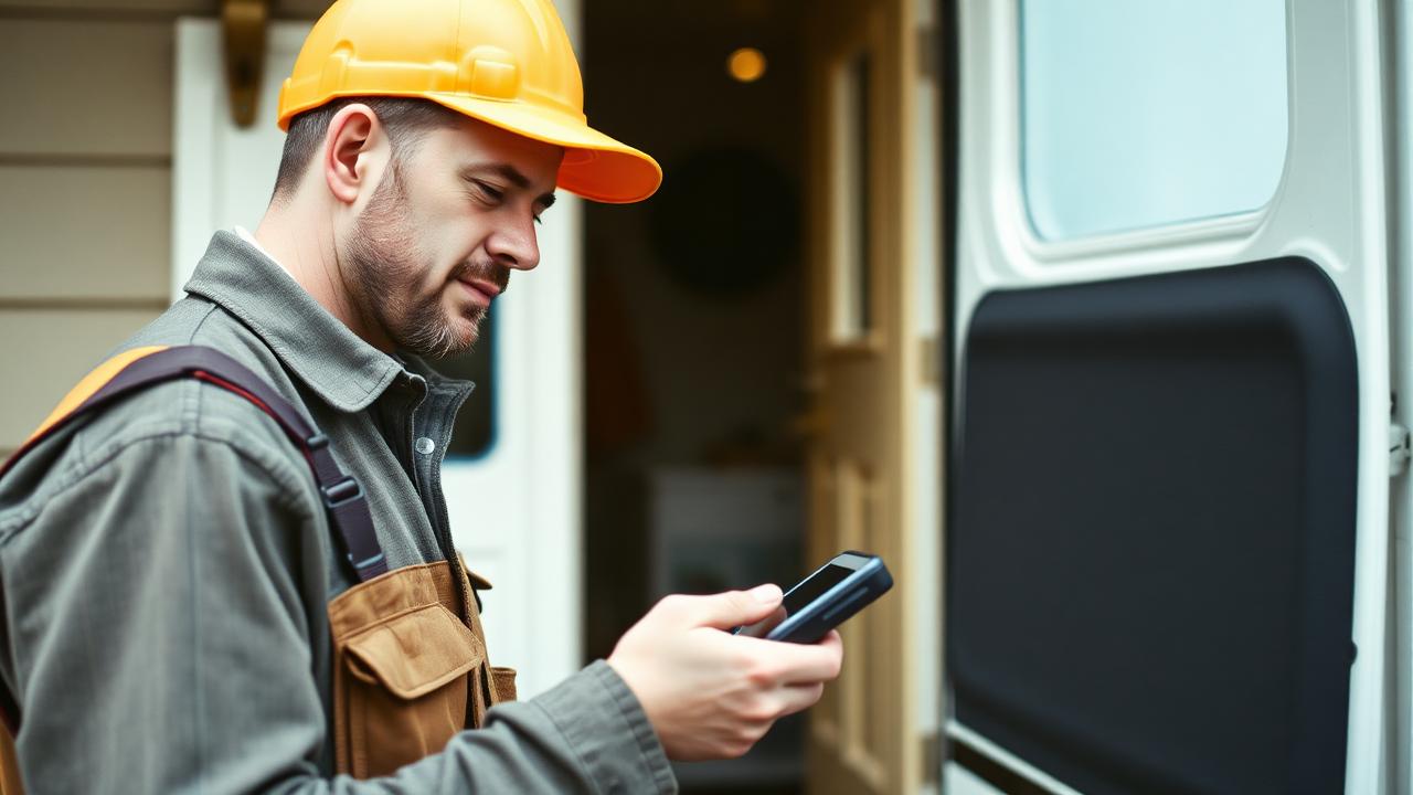 Contractor in work clothes taking a card payment on a handheld device at a customer's front door