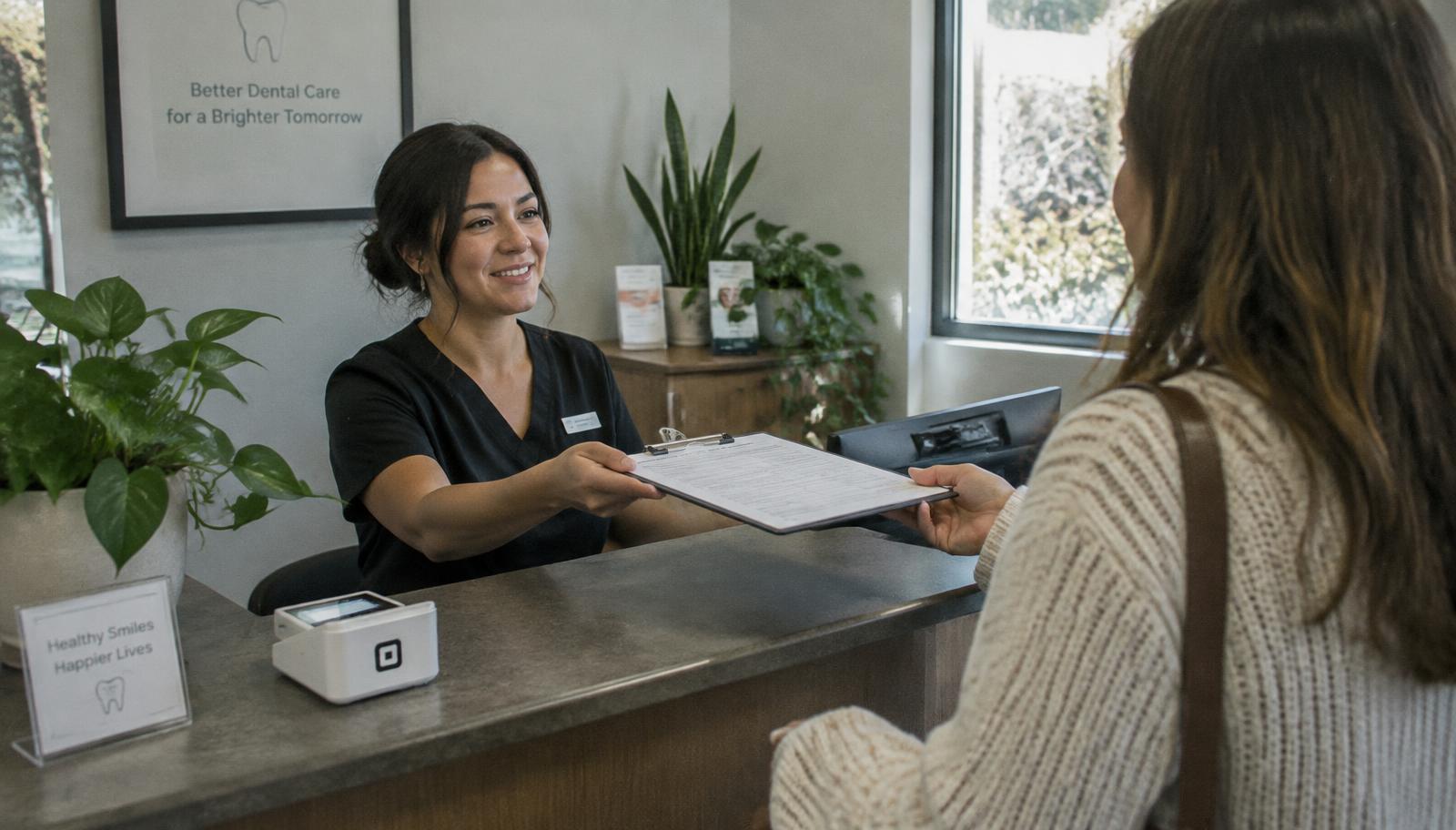 Front desk at a dental office with a patient tapping a card to a payment terminal at checkout