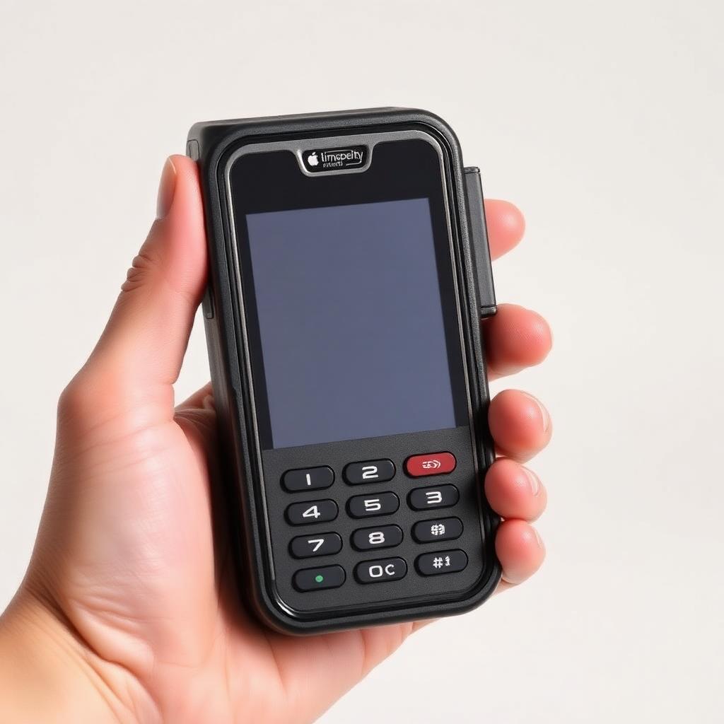 Server using a wireless handheld credit card machine to take payment at a restaurant table