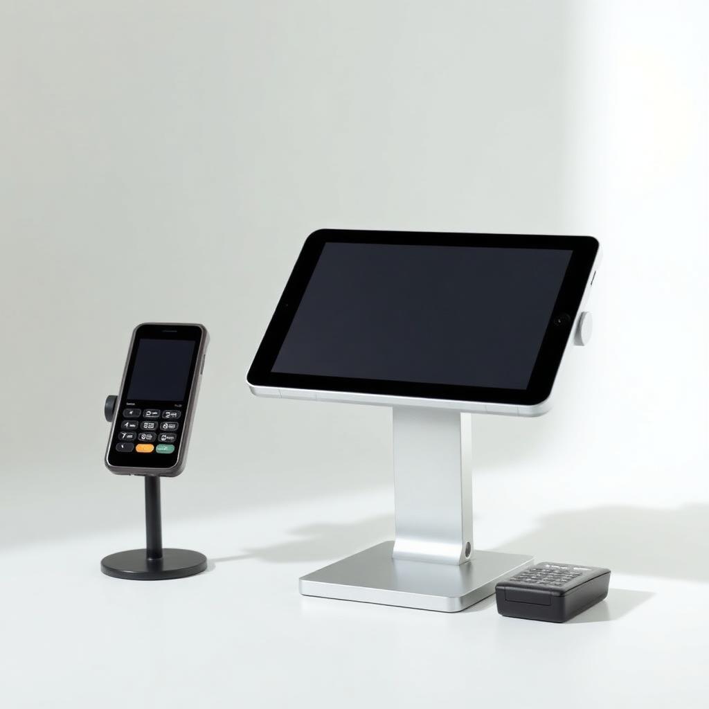 Tablet-based POS system on a countertop stand ringing up a retail sale