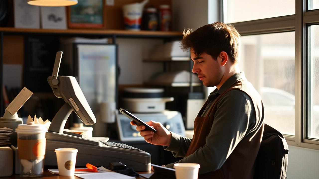 Small business owner checking a banking app on a phone beside the register in the morning