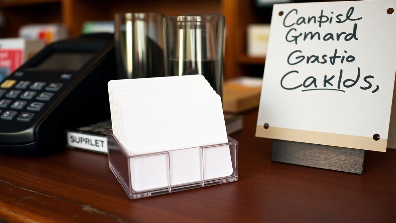 Stack of salon gift cards in a holder on the front desk next to a card reader