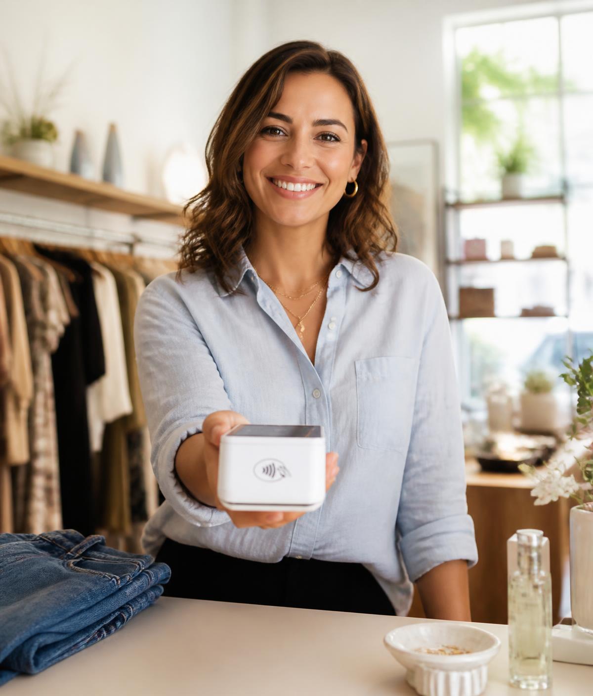 Customer tapping a contactless card on a payment terminal at checkout