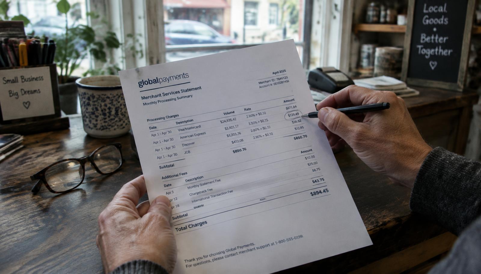 Close-up of a small business owner reviewing a printed merchant statement with a highlighter, circling fee line items