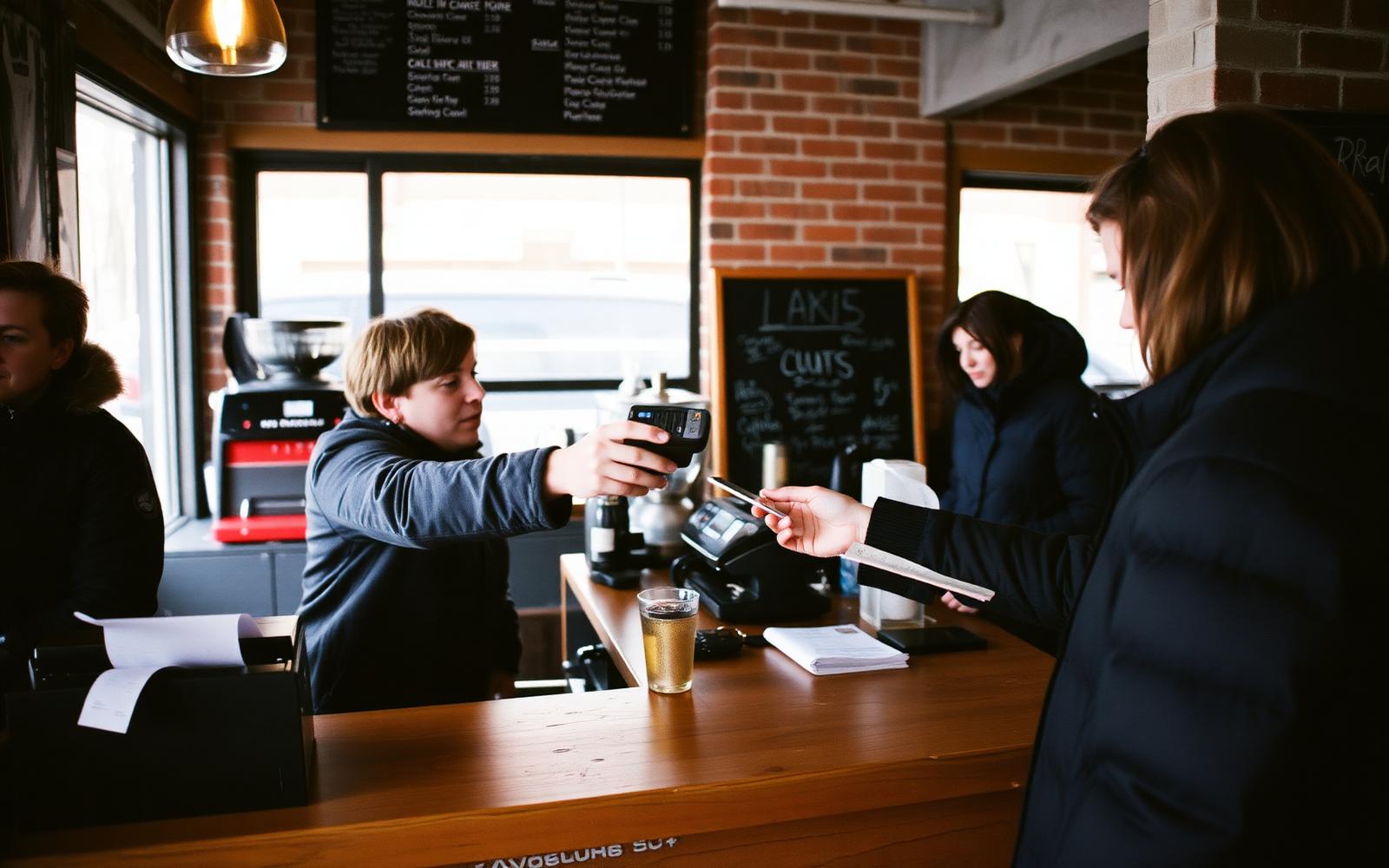 Barista at a Minneapolis coffee shop counter handing a card reader to a customer paying with a tap