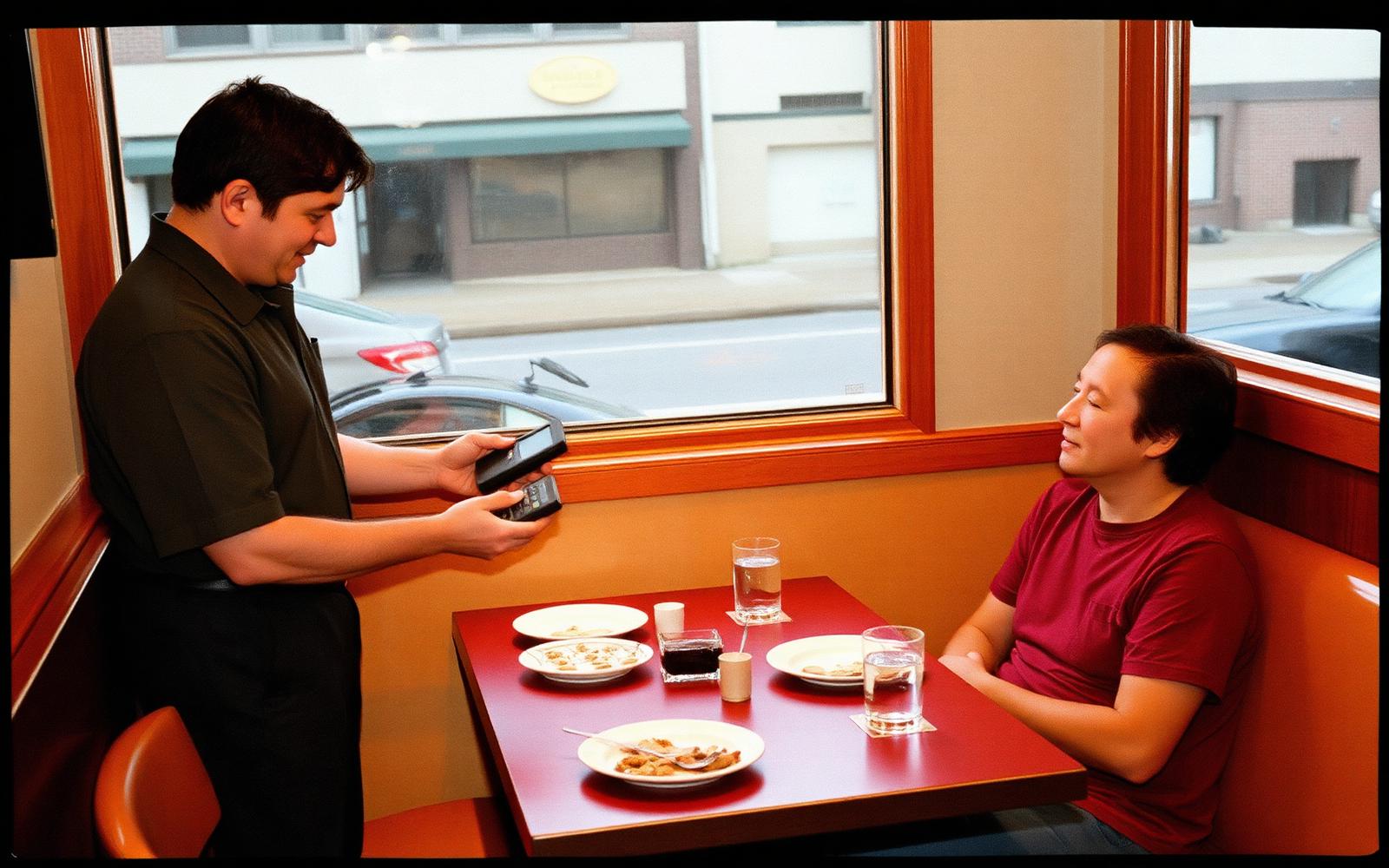 Server at a St. Paul family restaurant holding a handheld card reader out to a customer in a booth