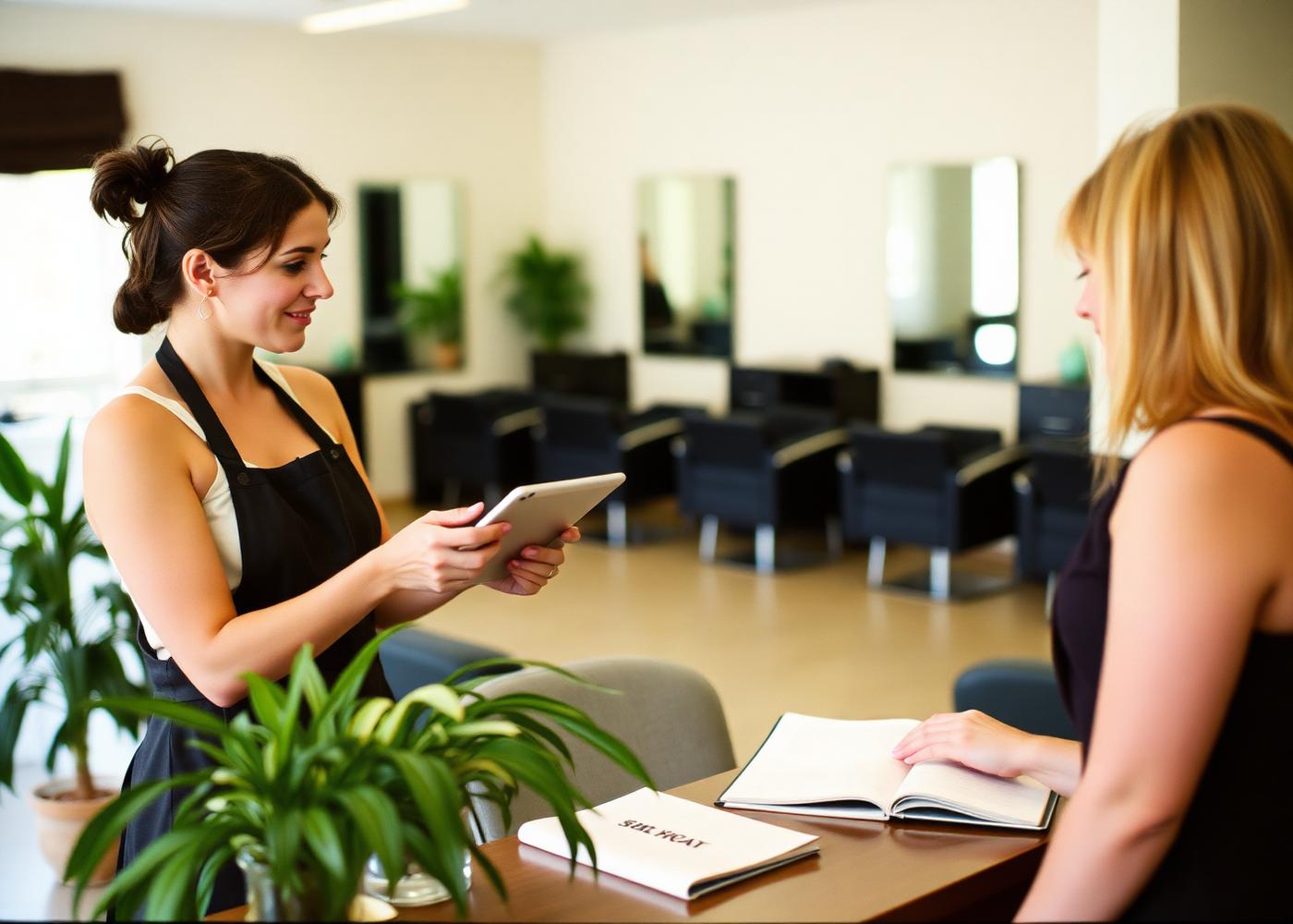 Salon front desk in Minnesota taking a card payment on a tablet reader