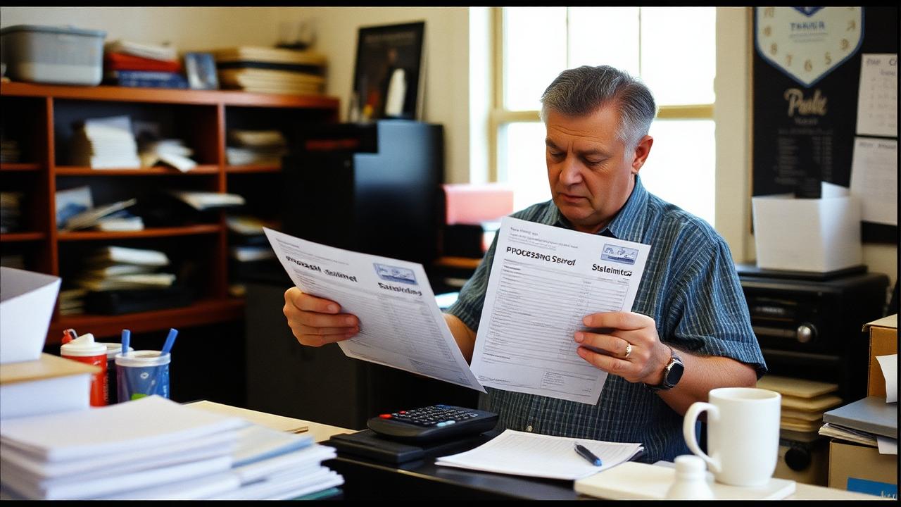 Small business owner comparing two credit card processing statements at a back office desk with a calculator