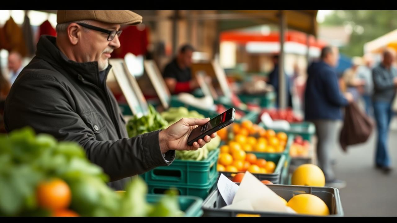 Farmers market vendor taking a contactless tap payment on a small mobile card reader