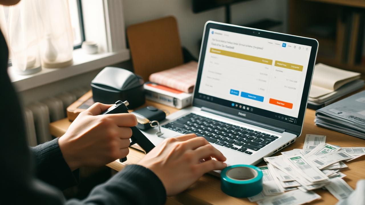Small online shop owner packing an order at a desk next to a laptop showing a checkout page