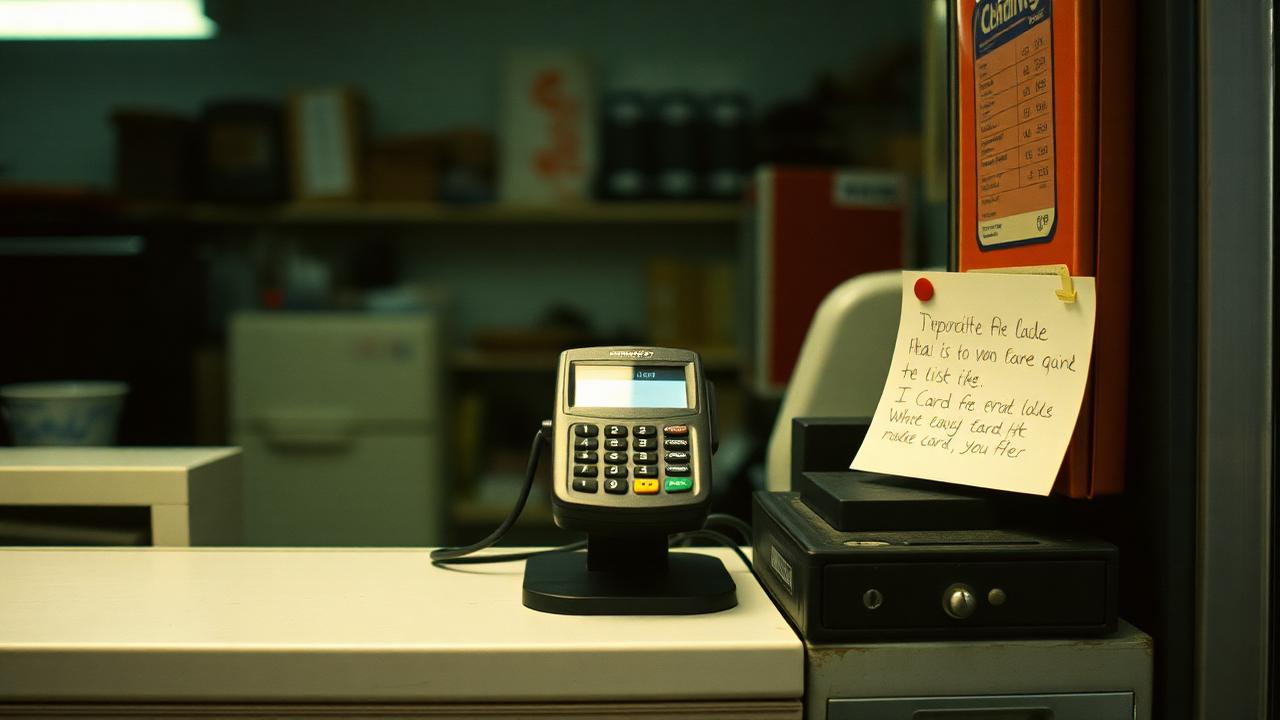 Card payment terminal cabled behind a small retail counter next to a locked cash drawer