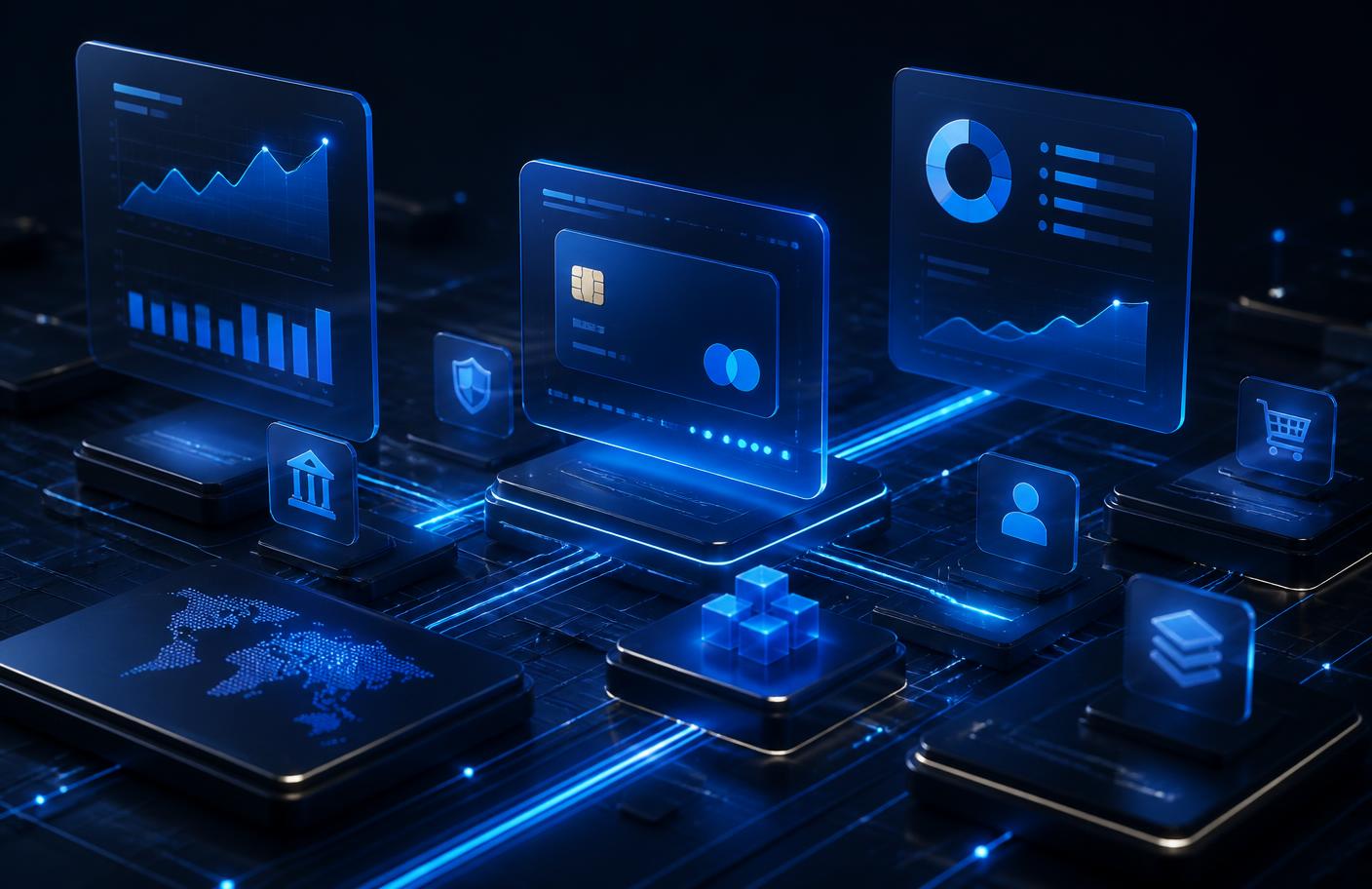Payment processing dashboard visual showing card transaction volume and fee reporting