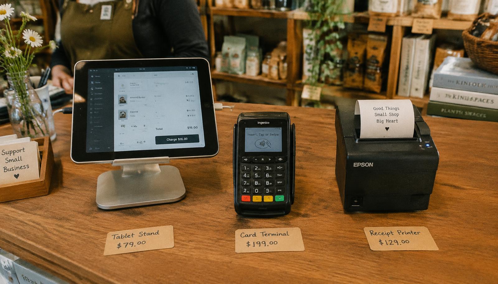 Small business owner reviewing a POS system price quote next to a countertop terminal