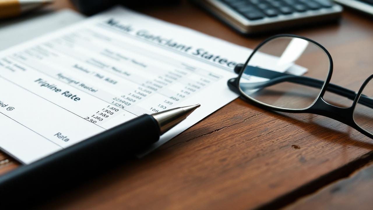 Close-up of a merchant processing statement showing rate columns next to a pen and reading glasses