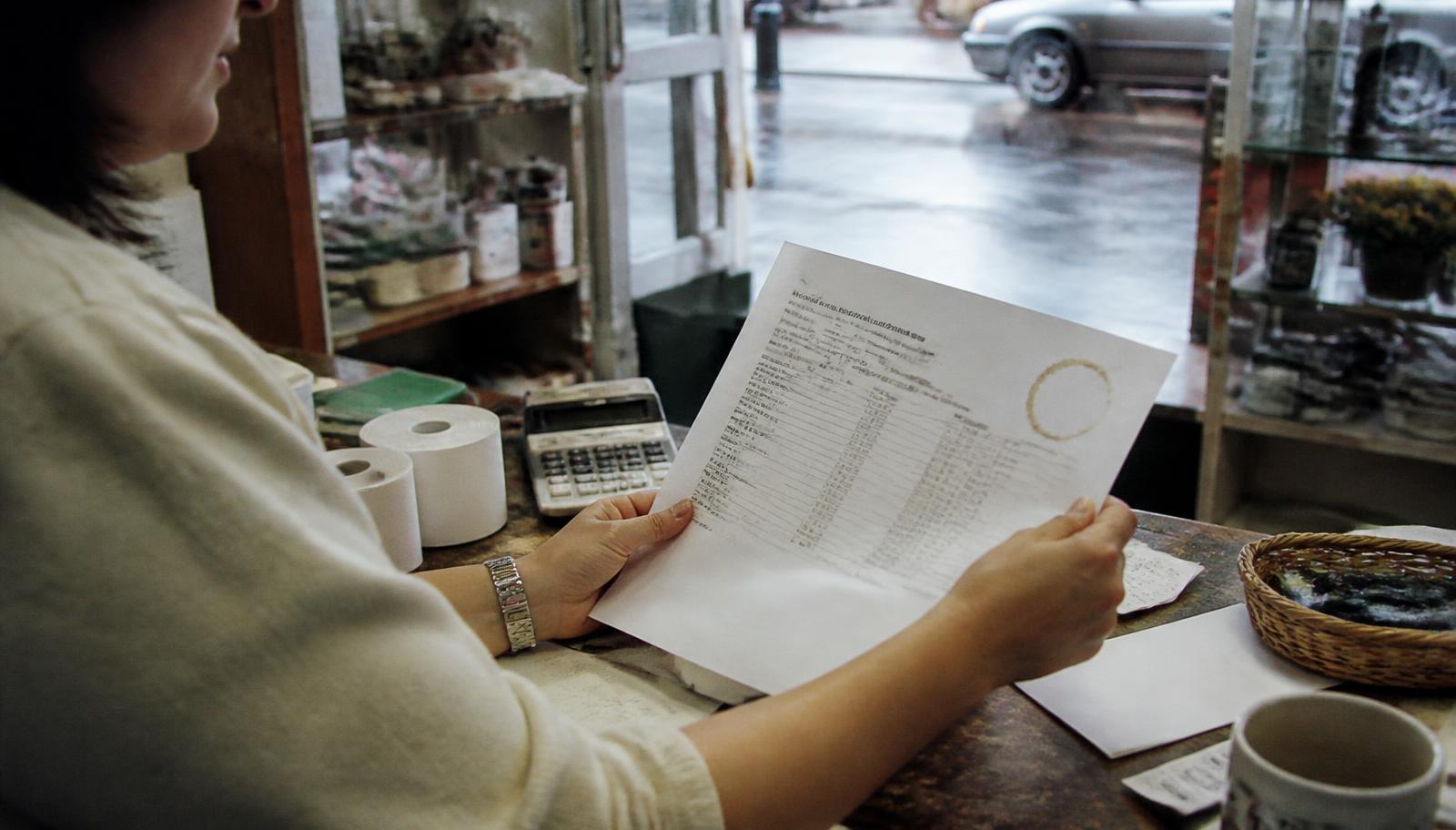 Small business owner reviewing a credit card processing statement with a calculator at a shop counter