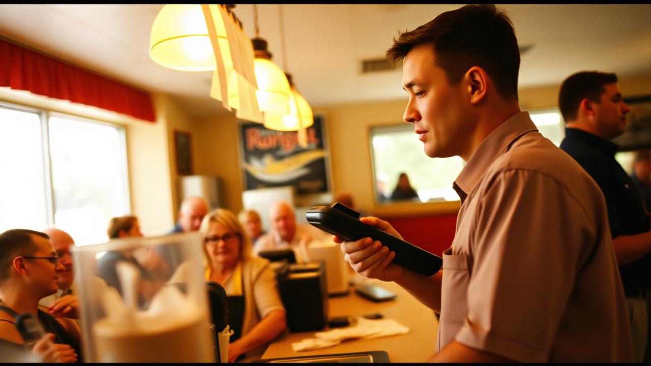 Server holding a handheld payment device in a busy restaurant with tickets clipped above the pass