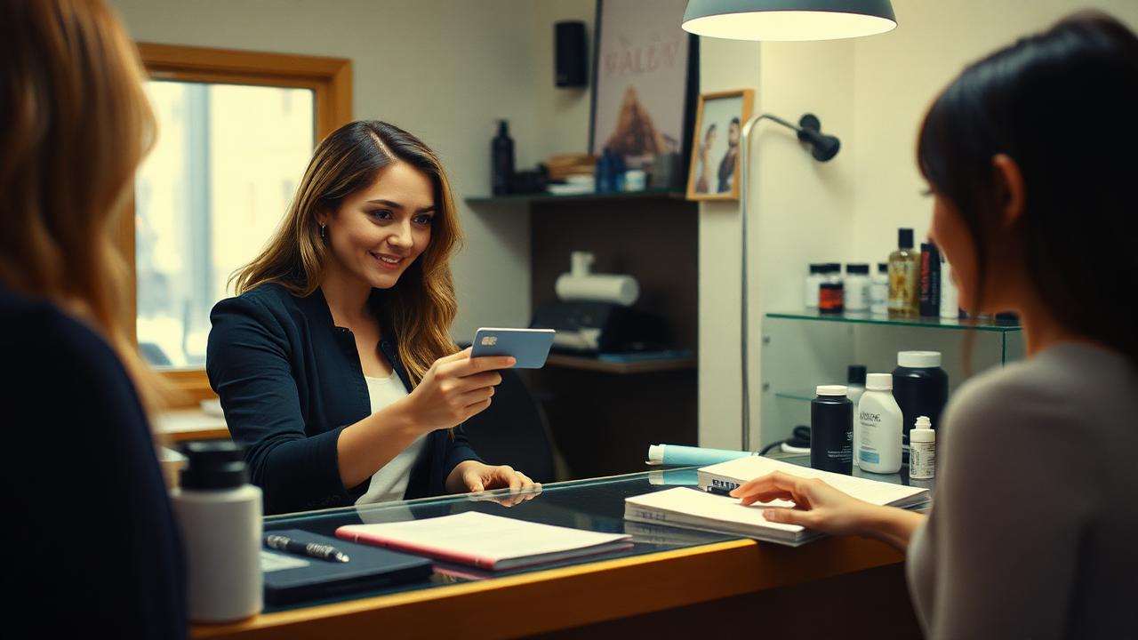 Stylist taking a card payment from a client at a small salon front desk with products on the shelves