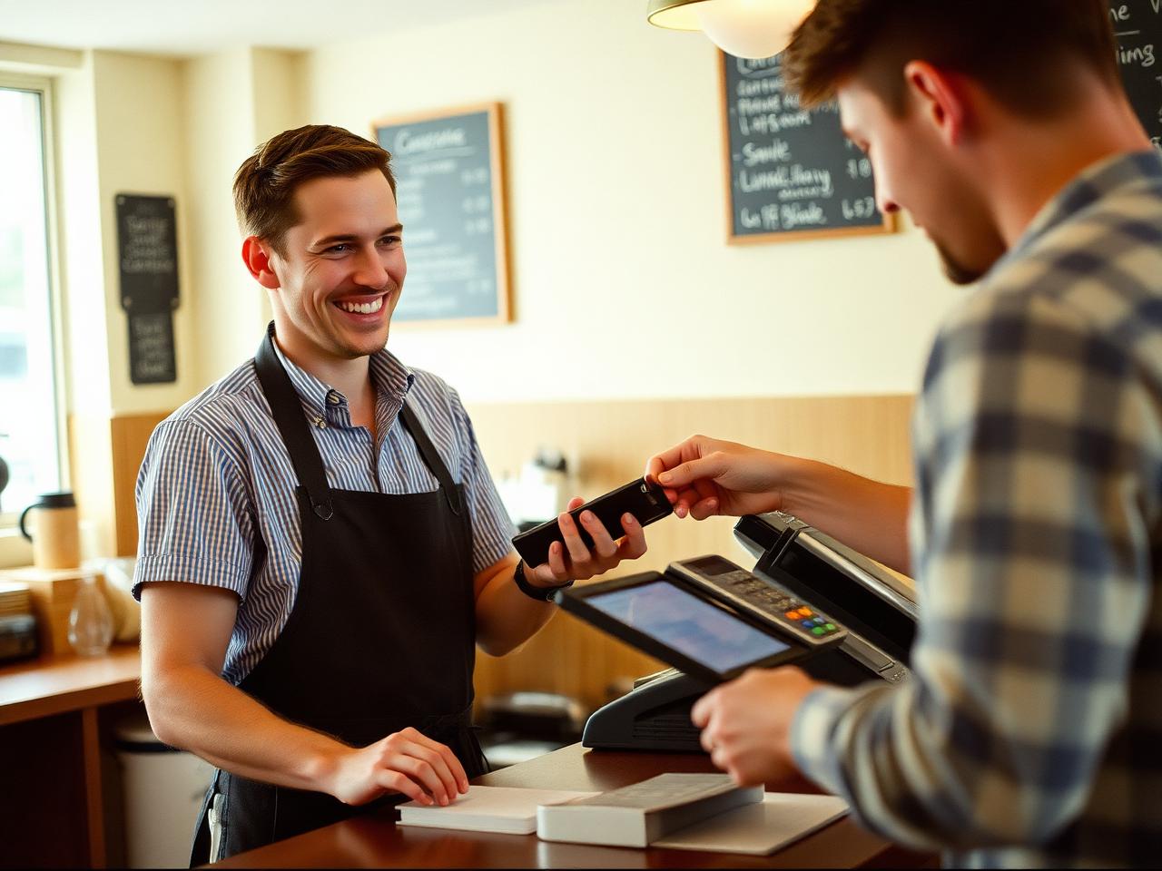 Cafe owner in an apron handing a card terminal to a customer paying with a credit card