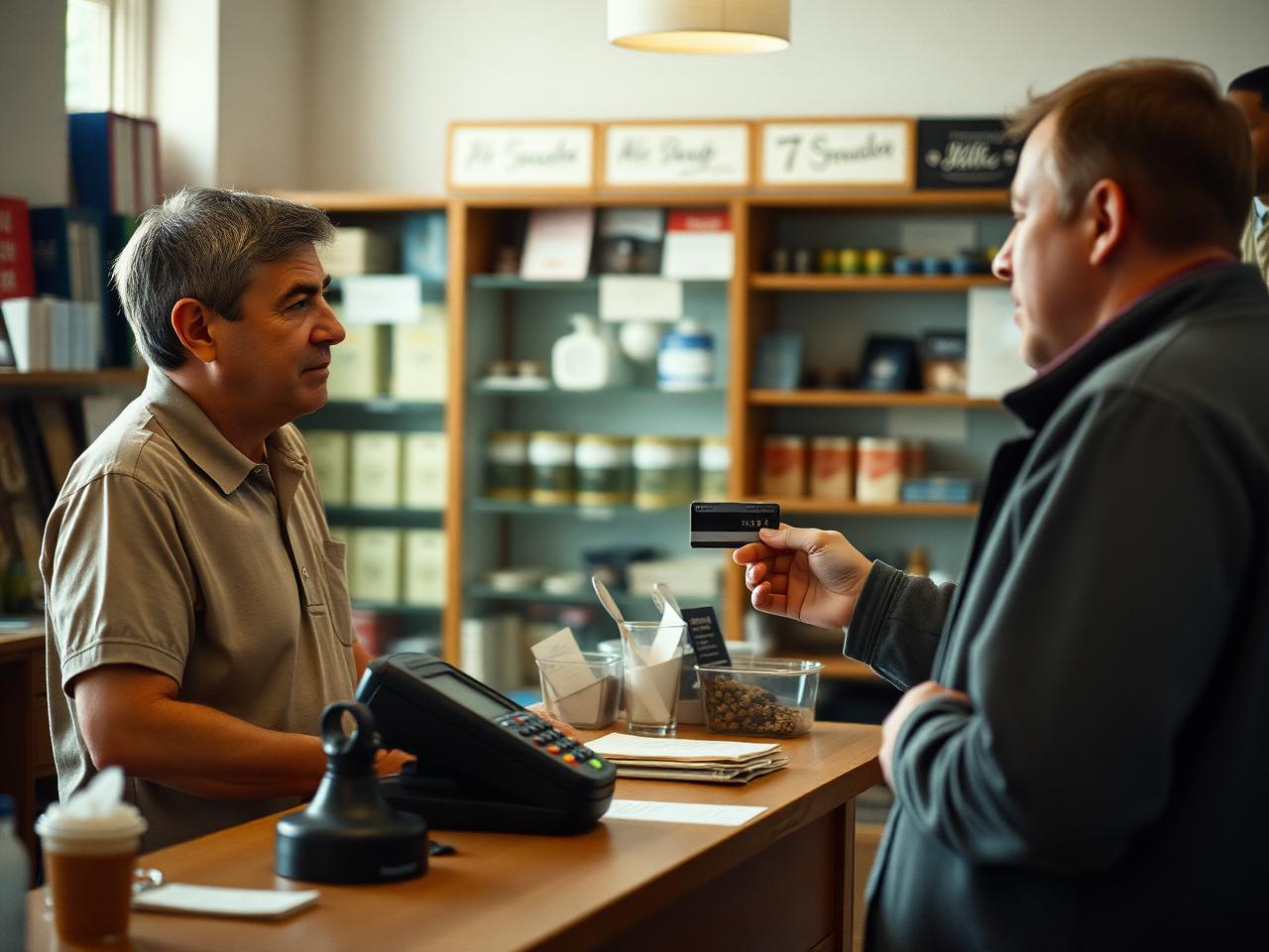 Shop counter with a card terminal and tablet register as a customer inserts a card