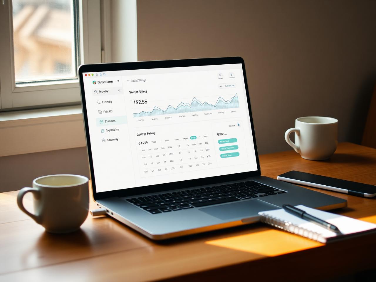 Laptop on a desk showing a simple subscription billing dashboard with monthly revenue charts
