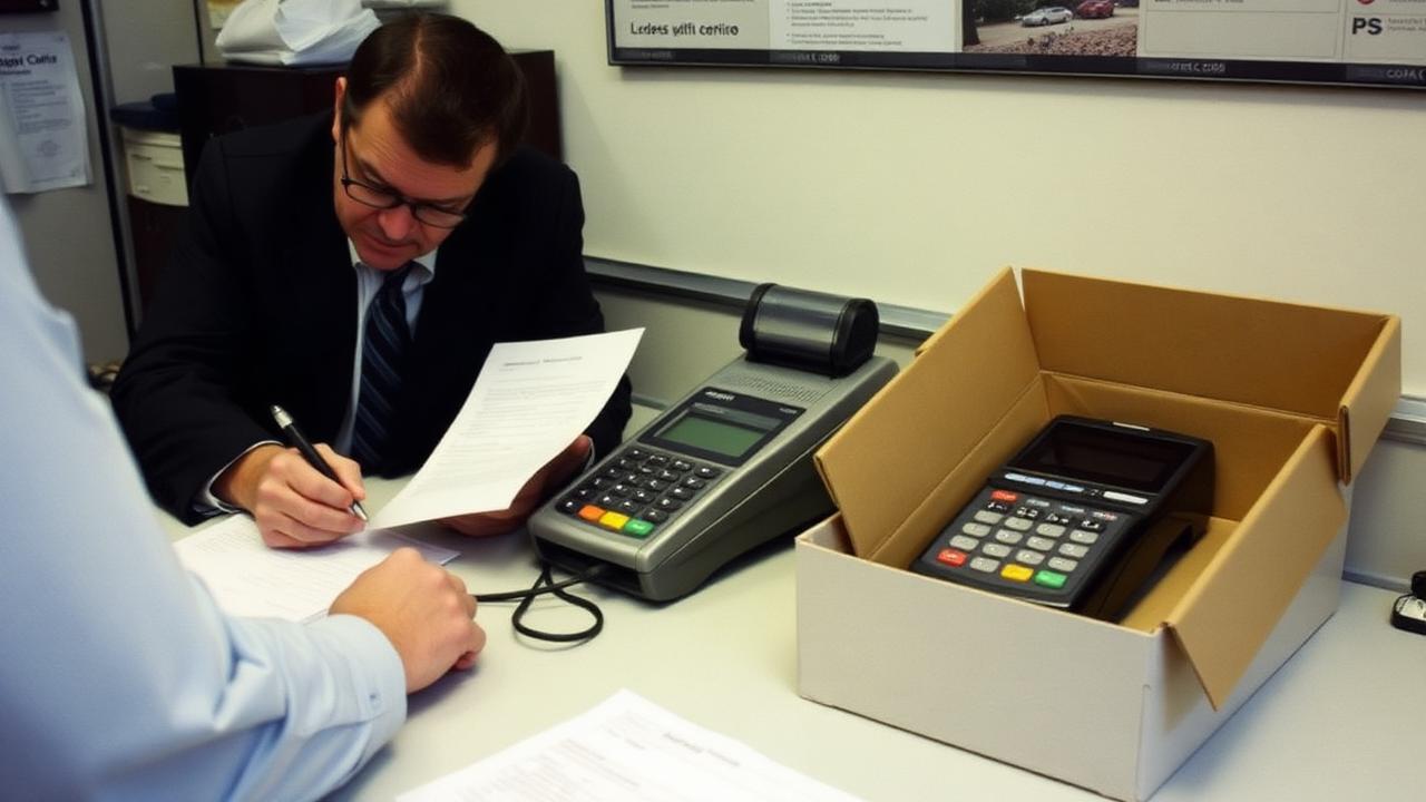 Business owner signing paperwork beside an old card terminal being unplugged and a new one in a box